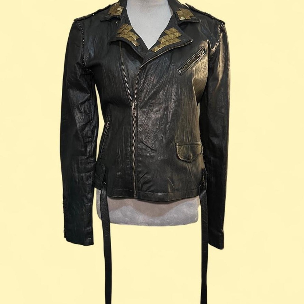 Religion 100% Leather Studded Moto Jacket Womens Large Black Gold Pyramid Studs